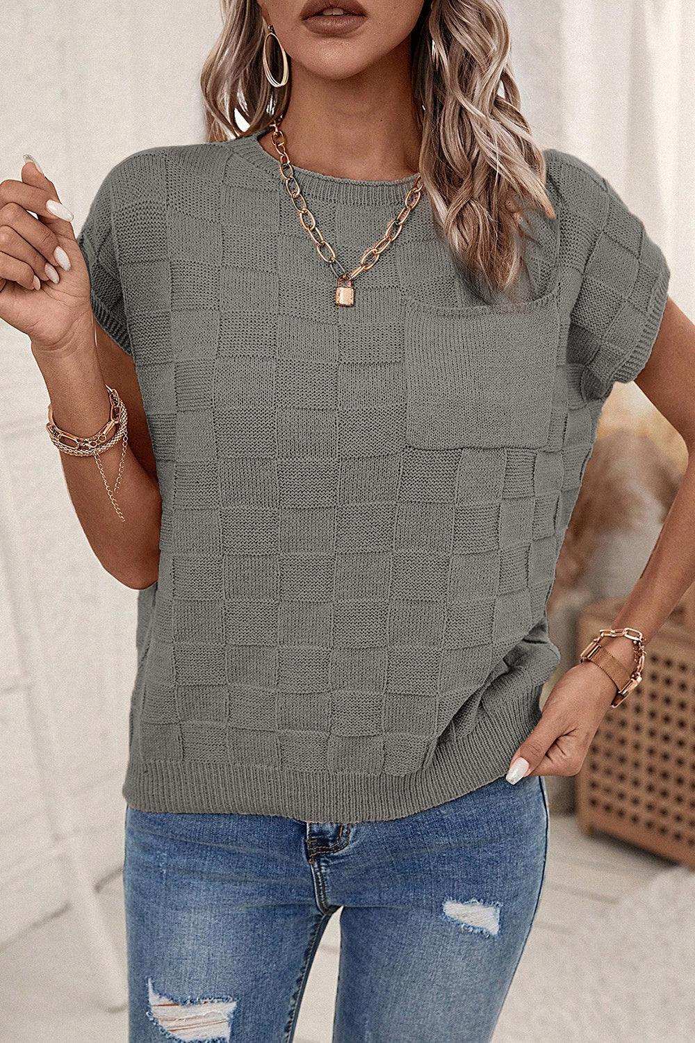 Plaid Pocketed Round Neck Sweater - Trendsi - Flyclothing LLC