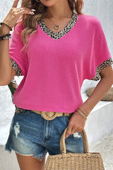 V-Neck Leopard Trim Ribbed Blouse - Trendsi - Flyclothing LLC