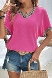 V-Neck Leopard Trim Ribbed Blouse - Trendsi - Flyclothing LLC