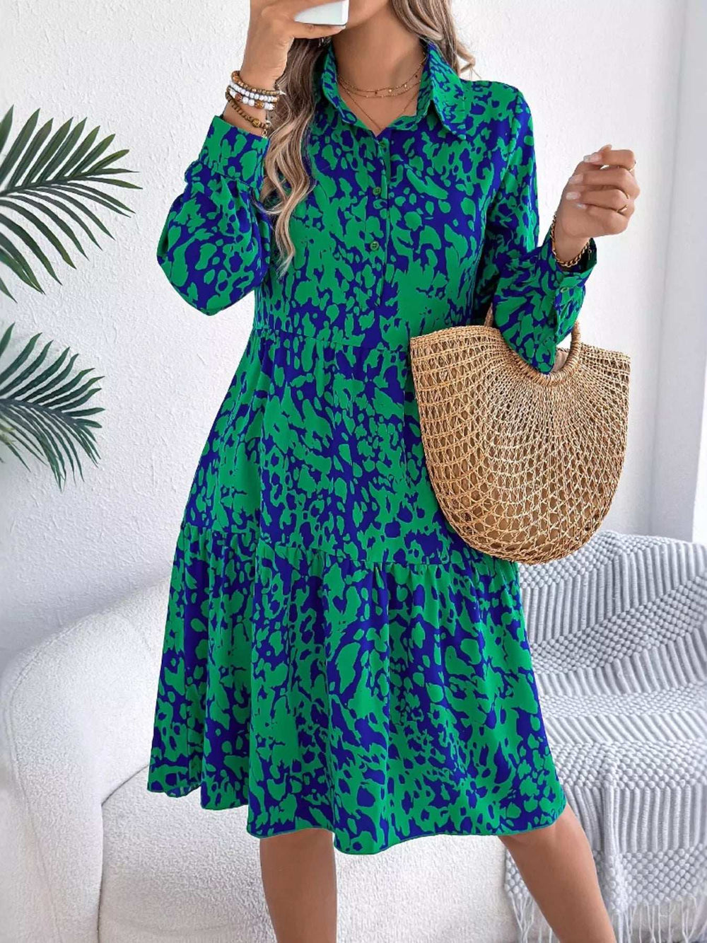 Printed Collared Neck Long Sleeve Dress - Trendsi - Flyclothing LLC