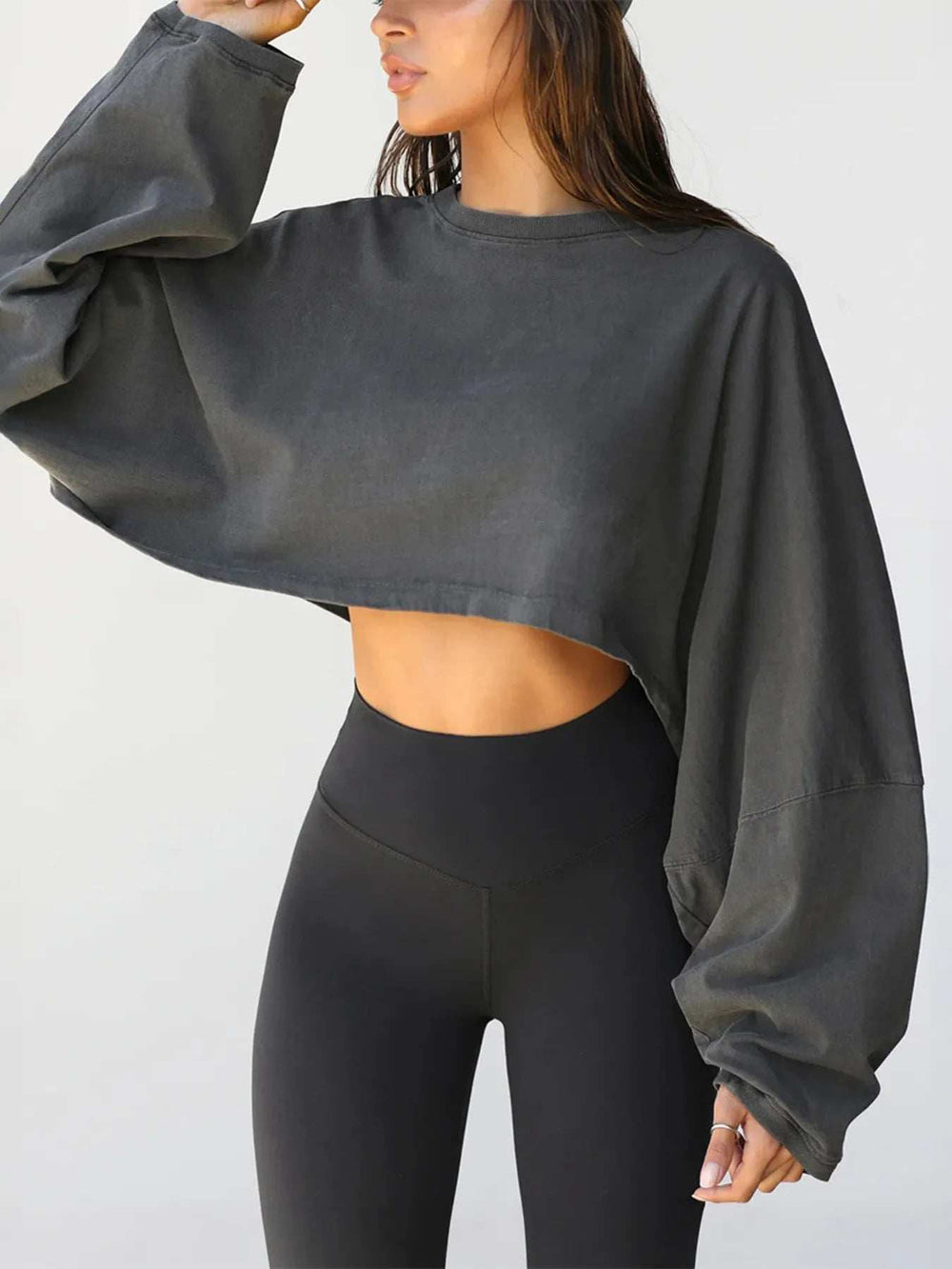 Round Neck Long Sleeve Crop Sweatshirt - Trendsi - Flyclothing LLC