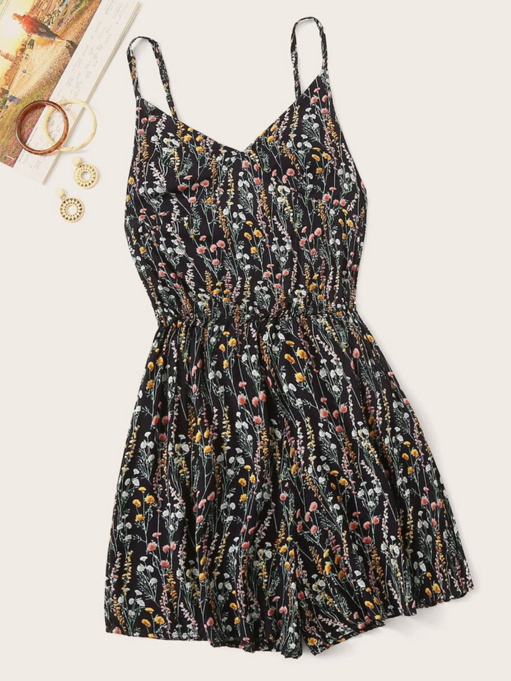 Printed V-Neck Spaghetti Strap Romper - Trendsi