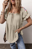 Embroidered Tie Neck Short Sleeve Blouse - Trendsi - Flyclothing LLC