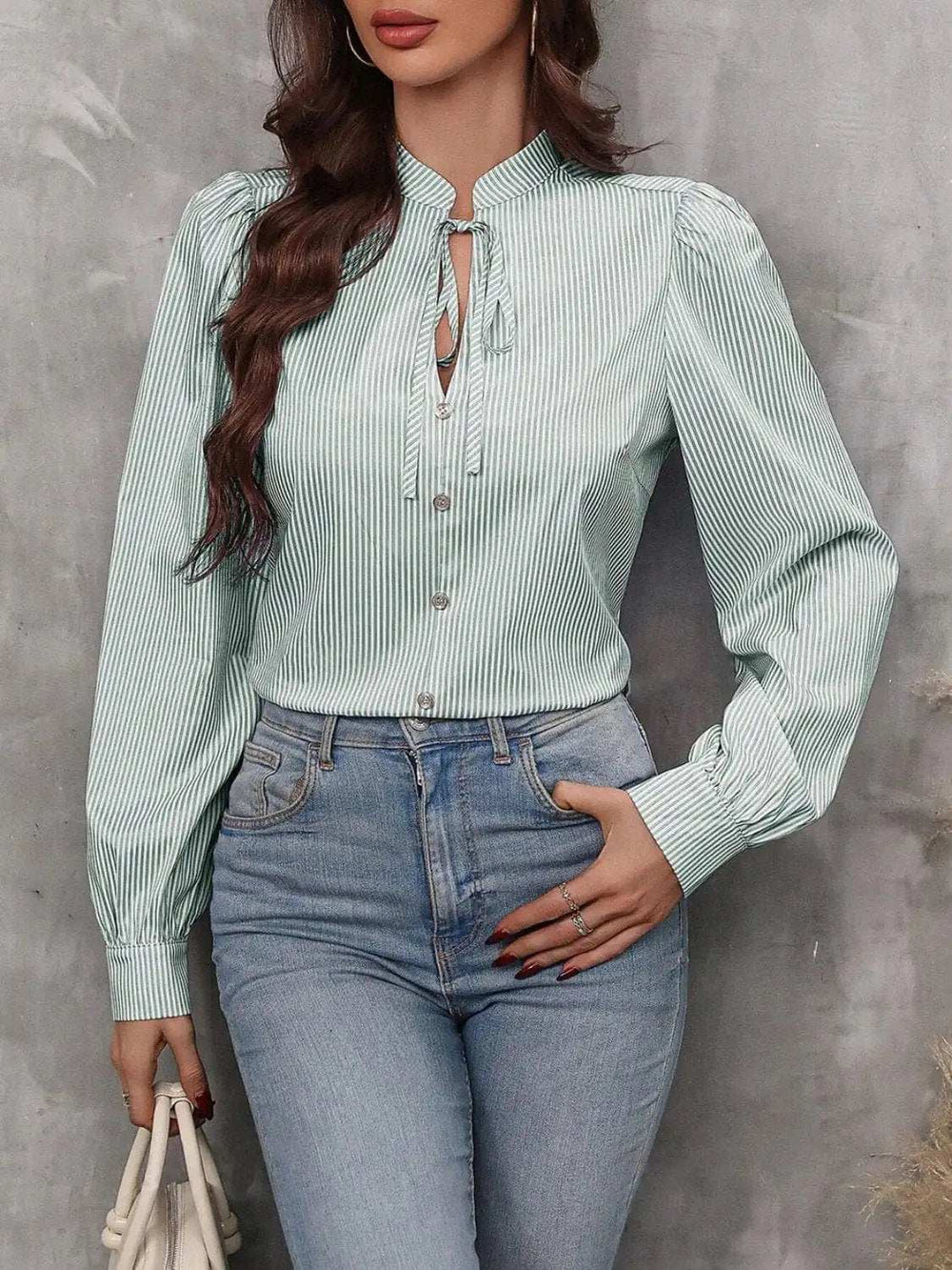 Striped Tie Neck Long Sleeve Blouse - Trendsi - Flyclothing LLC