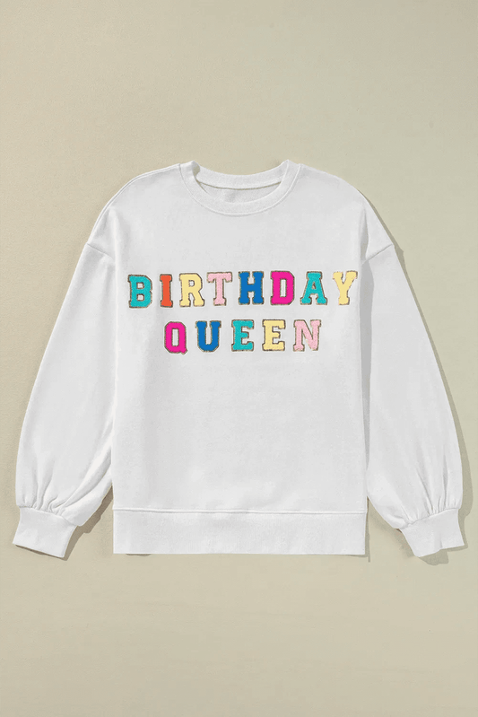 BIRTHDAY QUEEN Sequin Round Neck Long Sleeve Sweatshirt - Trendsi - Flyclothing LLC