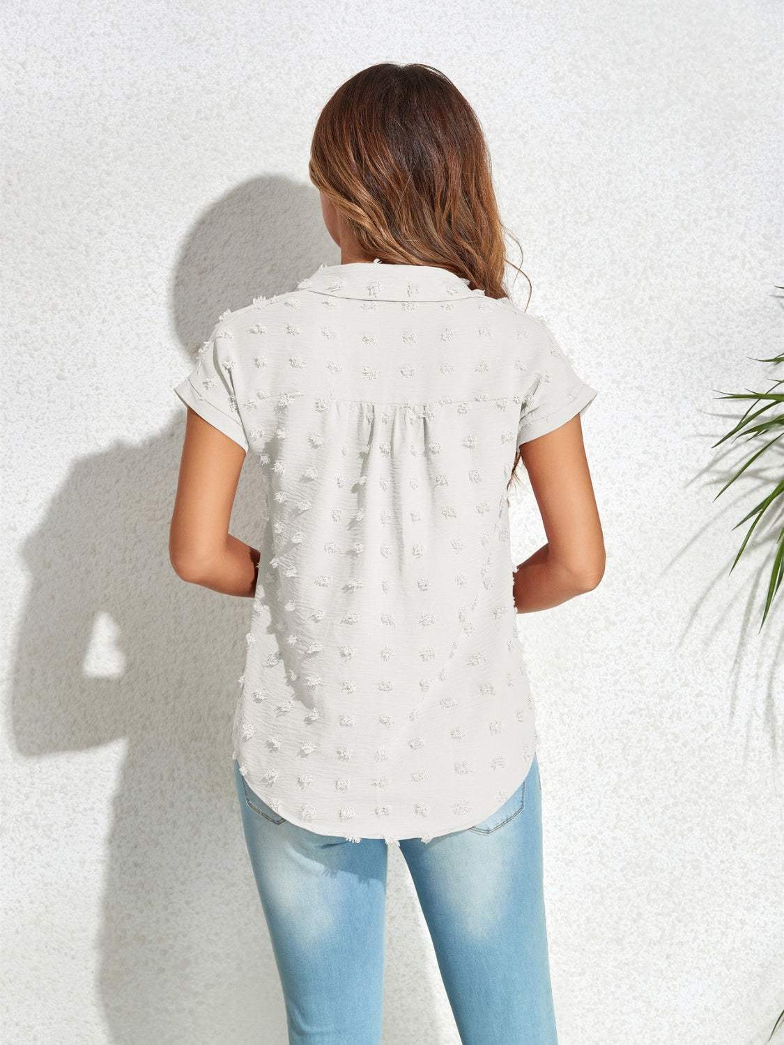 Swiss Dot Button Up Cap Sleeve Shirt - Trendsi - Flyclothing LLC