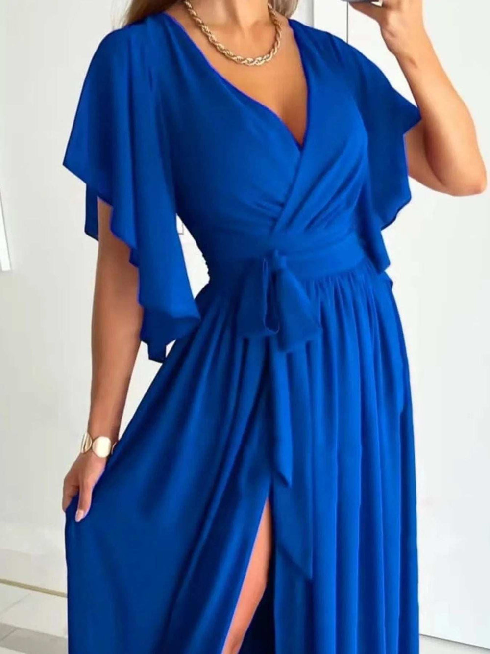 Flutter Sleeve Surplice Tie Waist Dress - Trendsi - Flyclothing LLC
