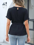 Tied Pleated Round Neck Short Sleeve Top - Trendsi - Flyclothing LLC