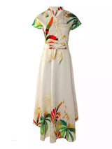 Tropical Print Button-Up Crop Top and Maxi Skirt Set、 - Trendsi - Flyclothing LLC