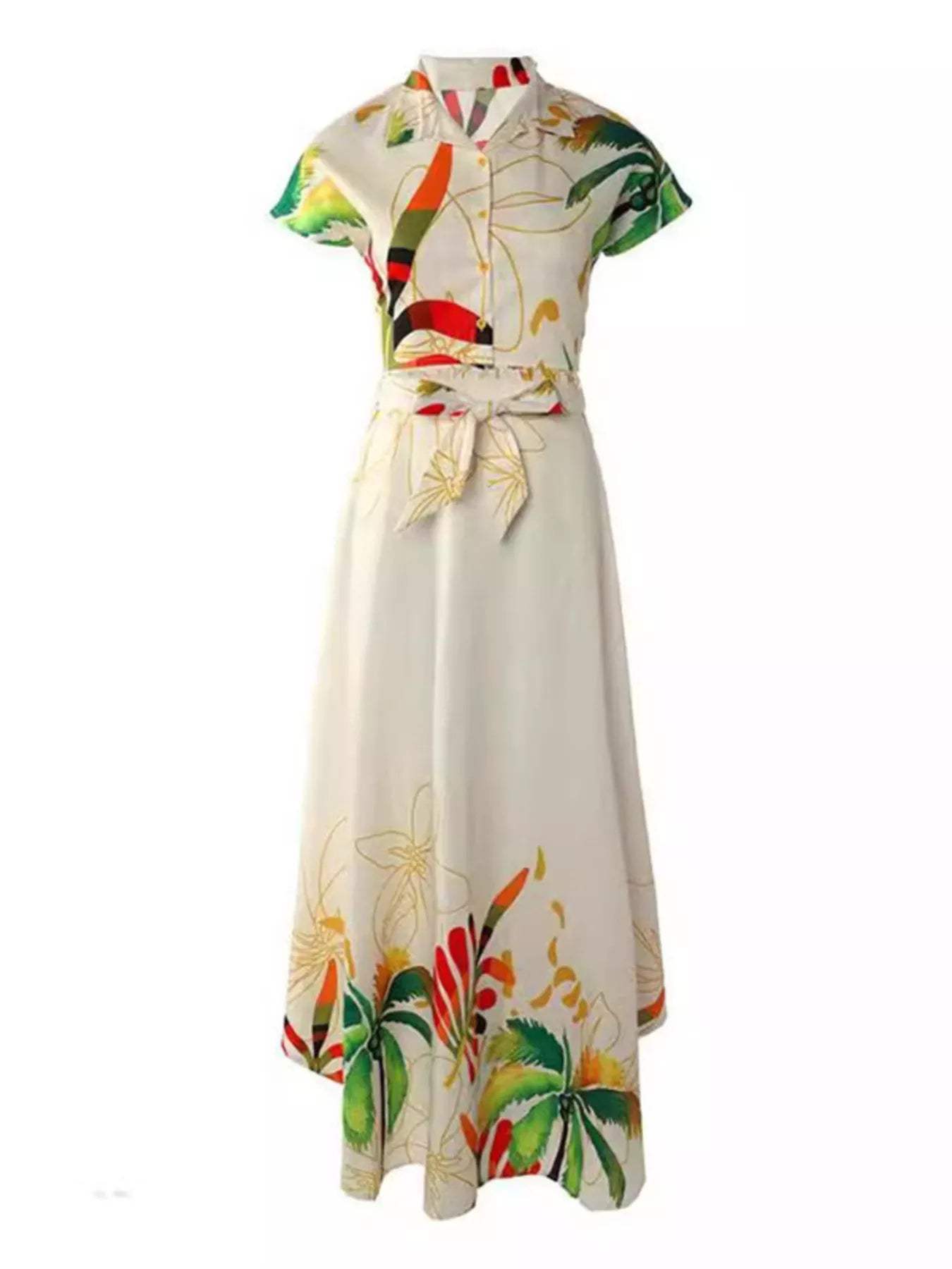 Tropical Print Button-Up Crop Top and Maxi Skirt Set、 - Trendsi - Flyclothing LLC