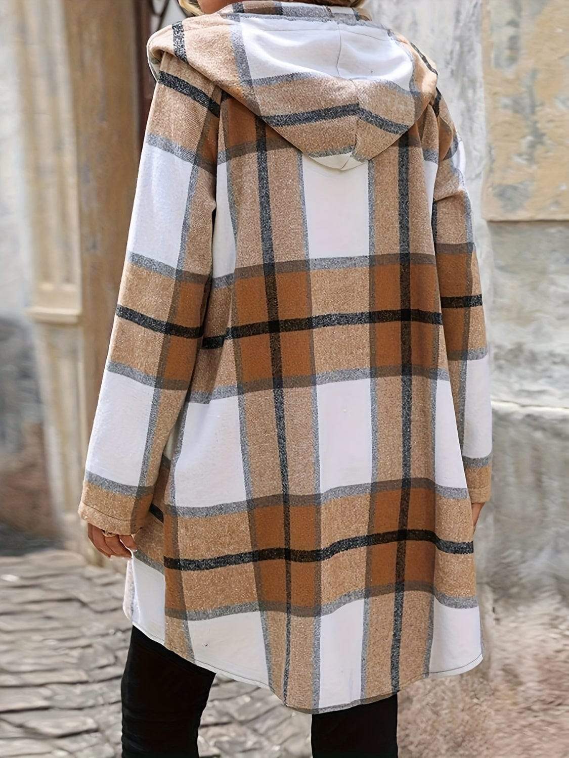 Drawstring Plaid Zip Up Hooded Outerwear - Trendsi - Flyclothing LLC