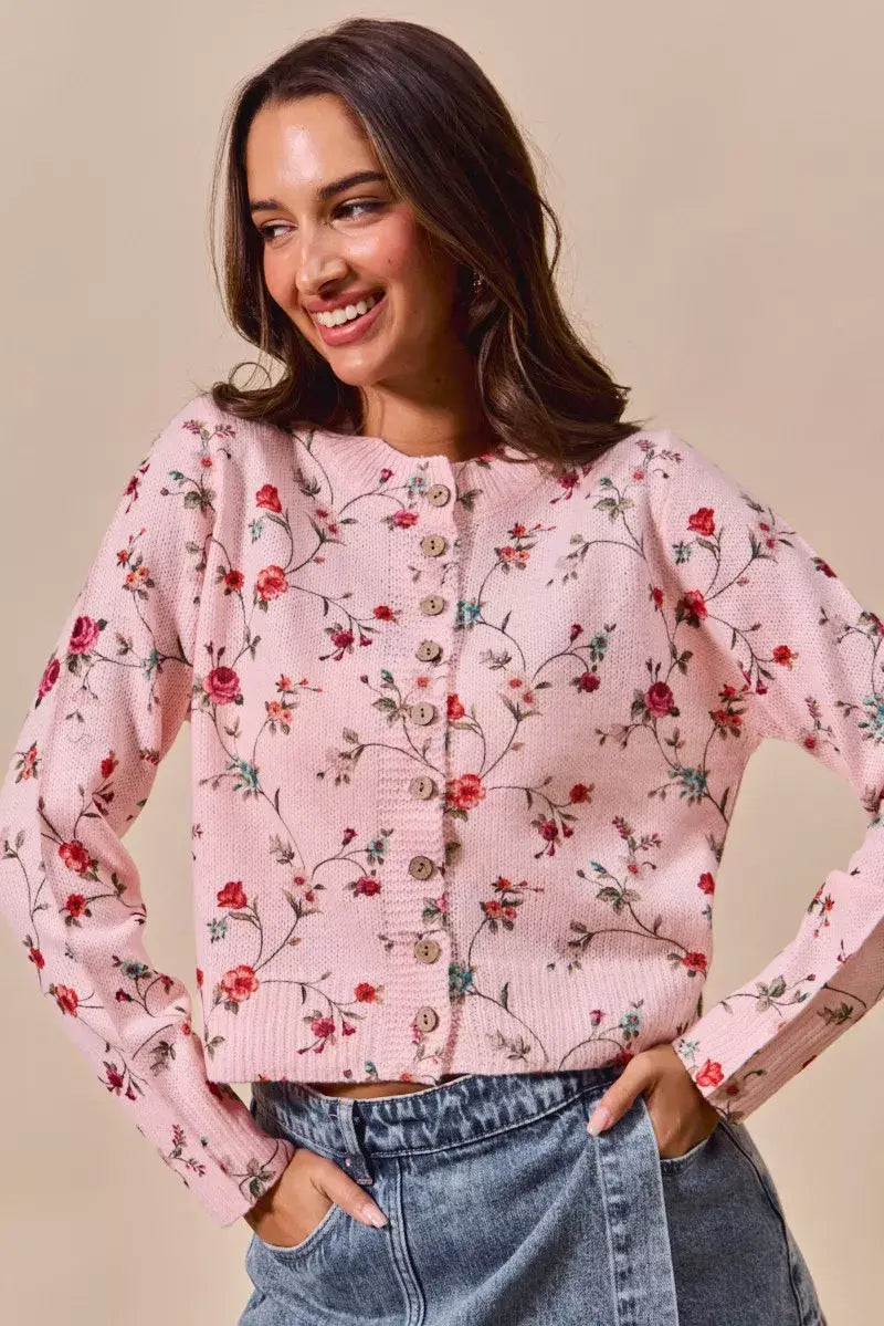 SO ME Floral Print Button Front Sweater Cardigan Top - Trendsi - Flyclothing LLC