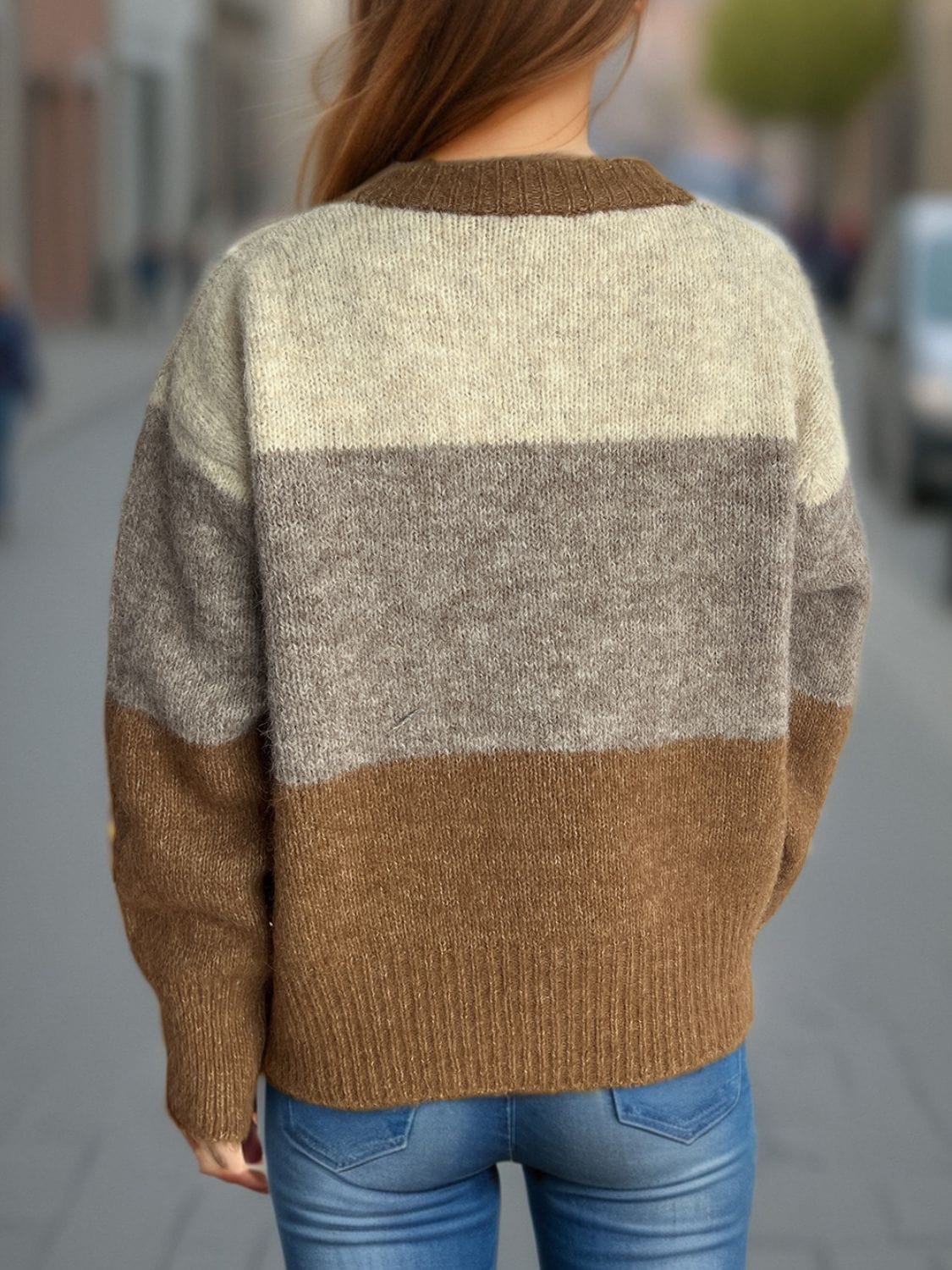 Color Block Round Neck Button Up Cardigan - Trendsi