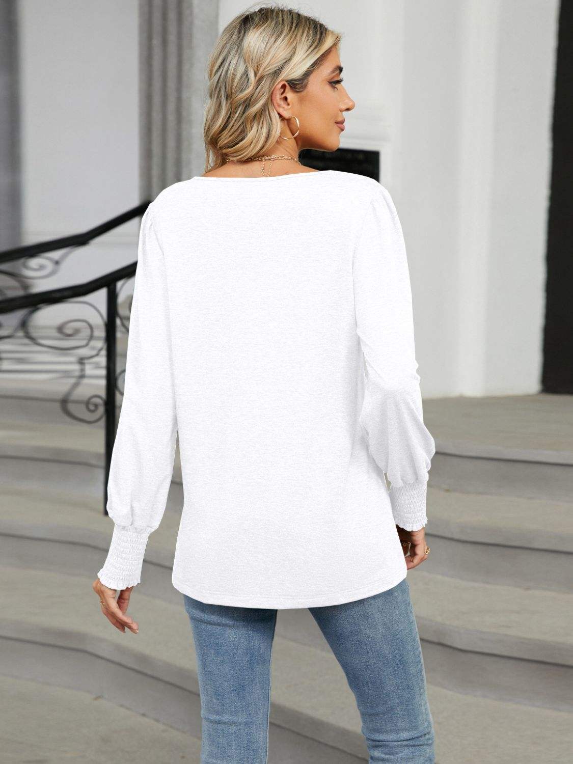 V-Neck Lantern Sleeve T-Shirt - Trendsi - Flyclothing LLC