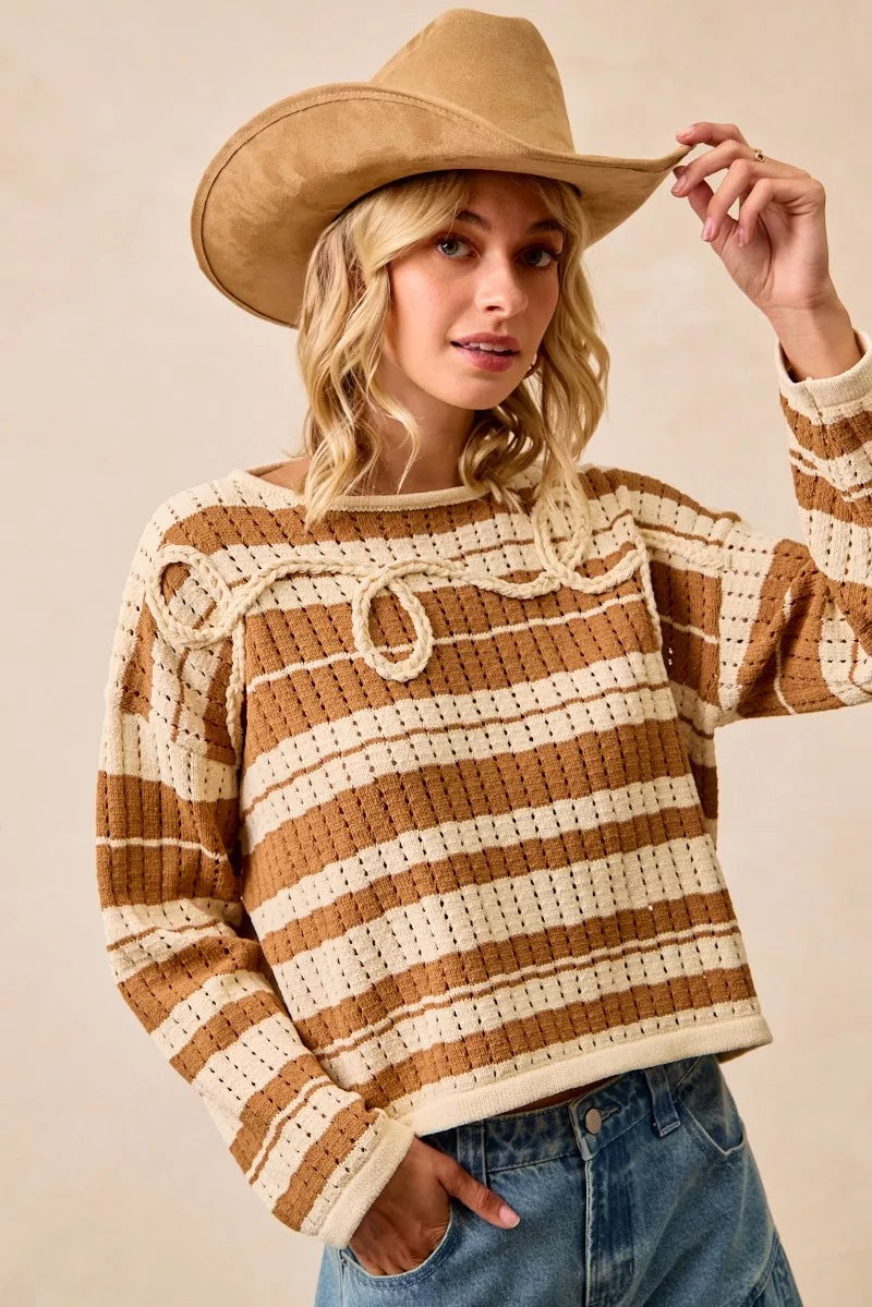BiBi Striped Open Knit Sweater Top with Front Braided Detail - Trendsi - Flyclothing LLC