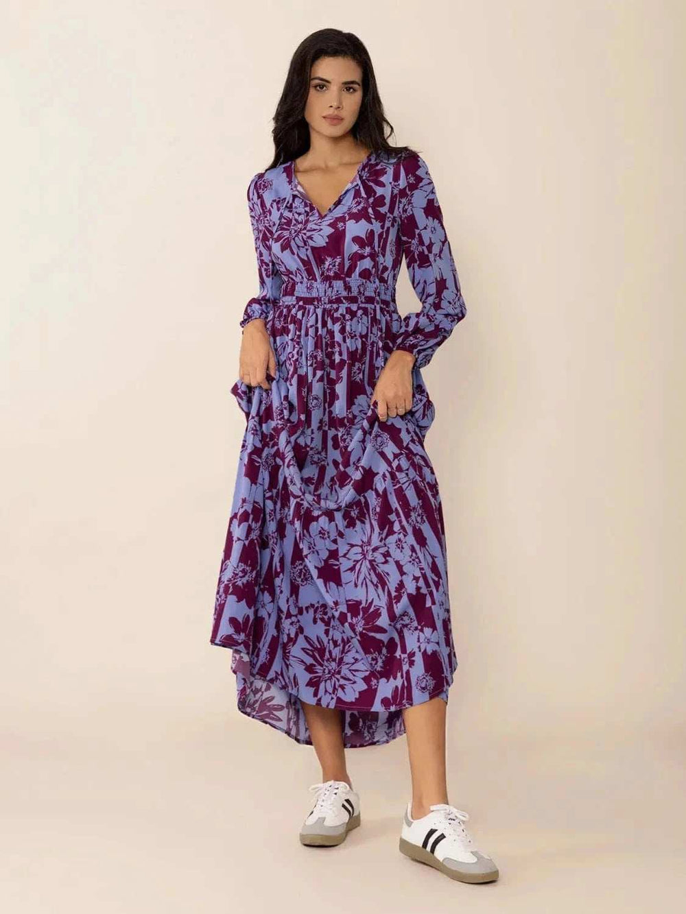 Printed Tie Neck Balloon Sleeve Maxi Dress - Trendsi - Flyclothing LLC