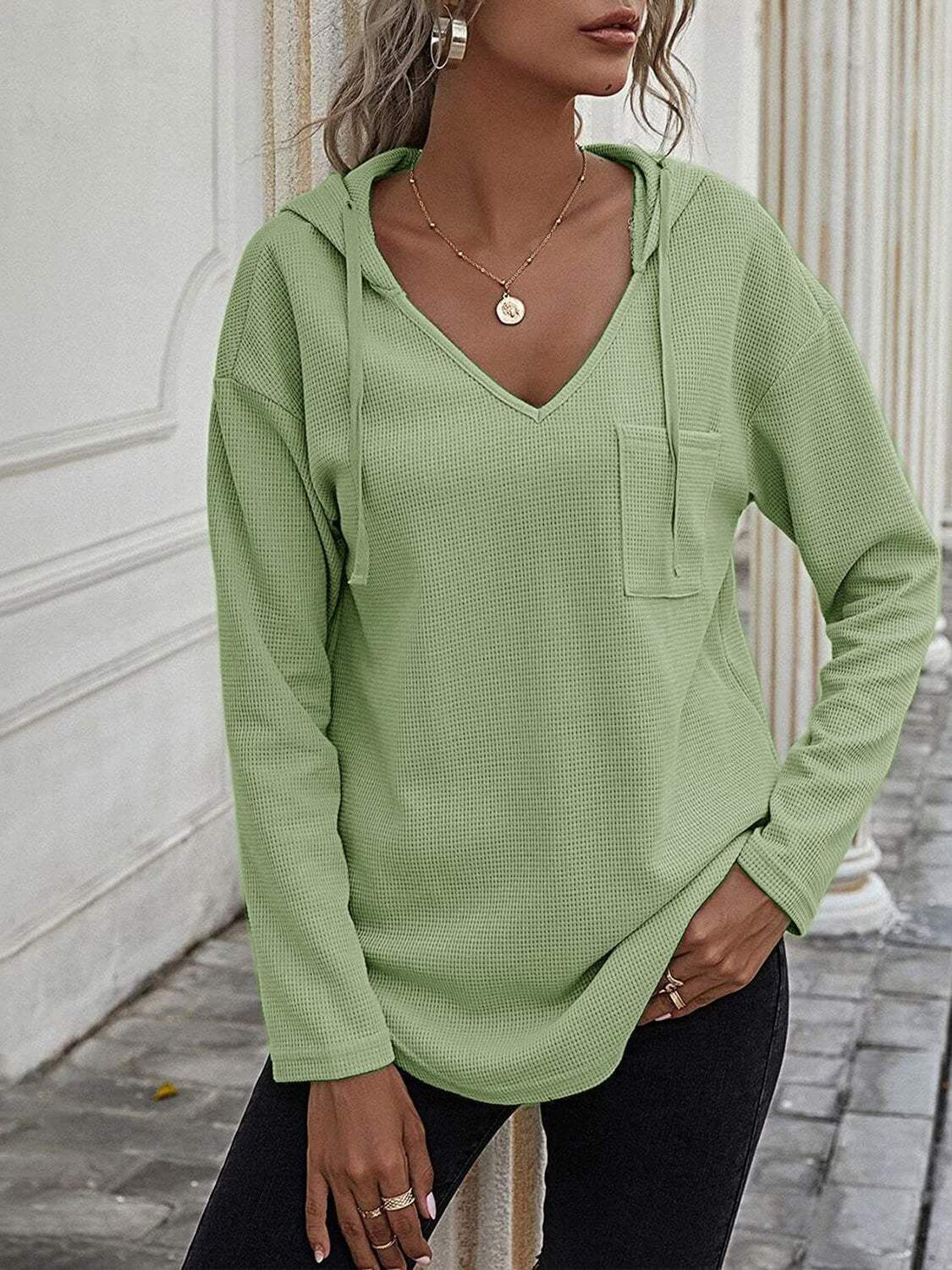 Drawstring Waffle Knit Long Sleeve Hooded Top - Trendsi - Flyclothing LLC