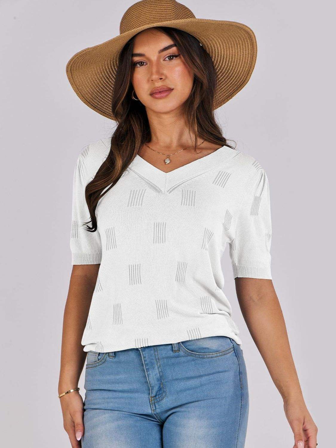 V-Neck Half Sleeve Knit Top - Trendsi - Flyclothing LLC