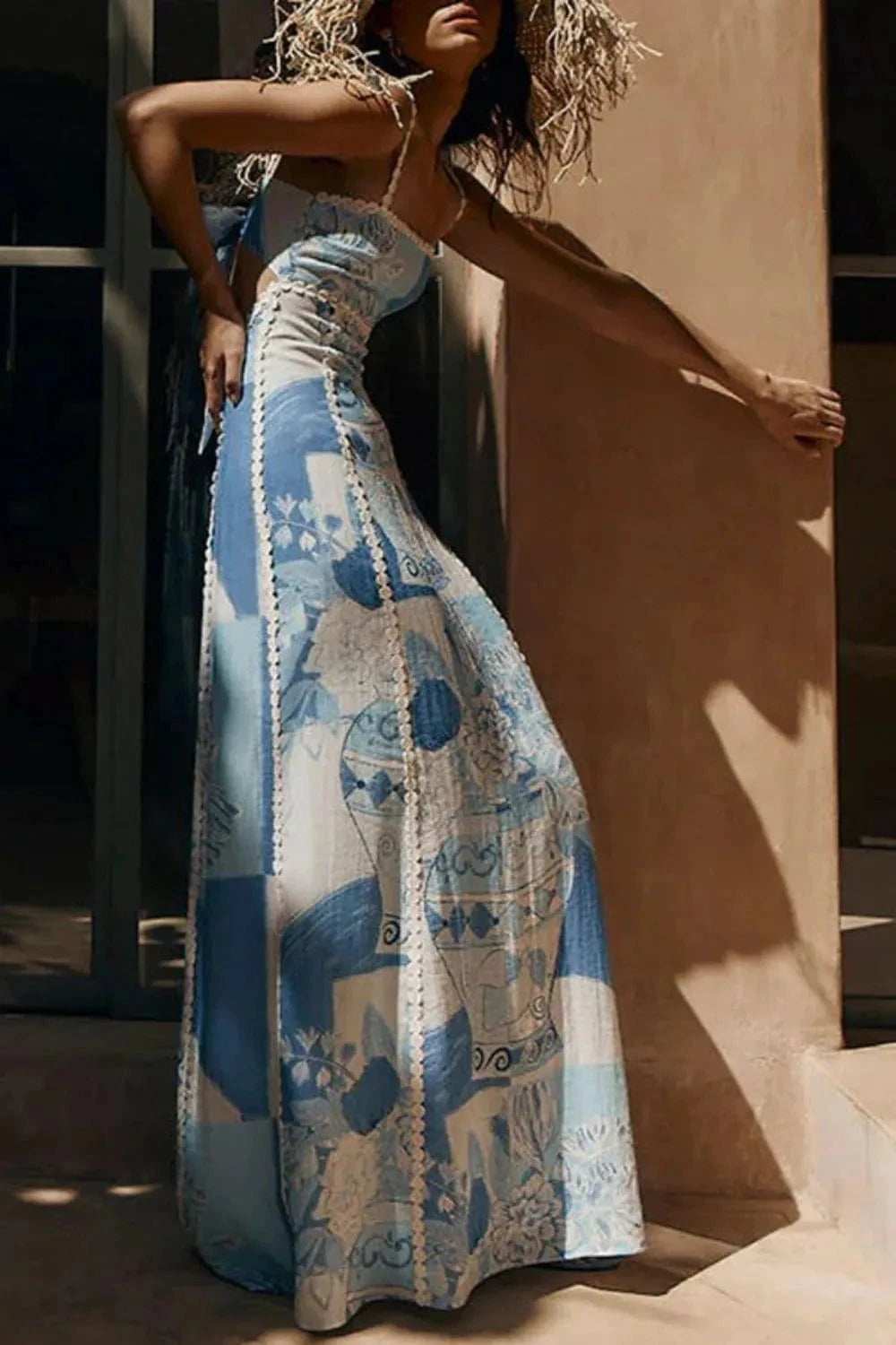 Cutout Back Printed Square Neck Maxi Dress - Trendsi - Flyclothing LLC