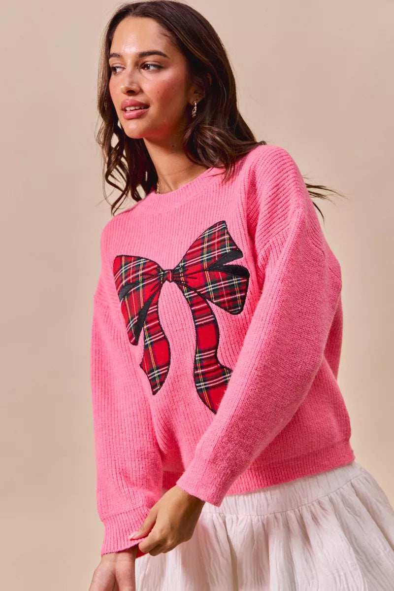 SO ME Checker Plaid Ribbon Christmas Holiday Sweater - Trendsi - Flyclothing LLC