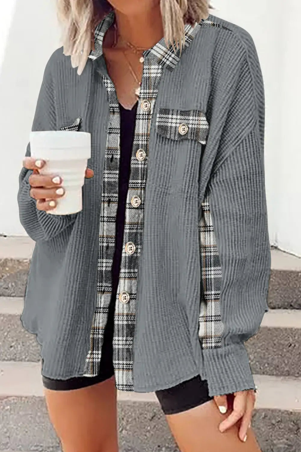 Plaid Button Down Collared Jacket - Trendsi - Flyclothing LLC