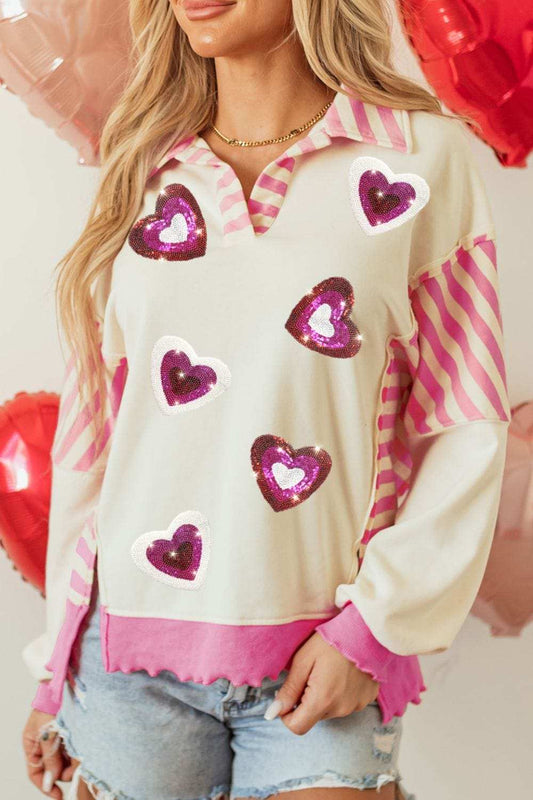 Valentine’s Day Sequin Heart Pattern Long Sleeve Sweatshirt - Trendsi - Flyclothing LLC