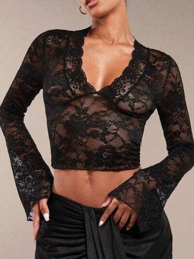 V-Neck Flare Sleeve Lace Top - Trendsi - Flyclothing LLC