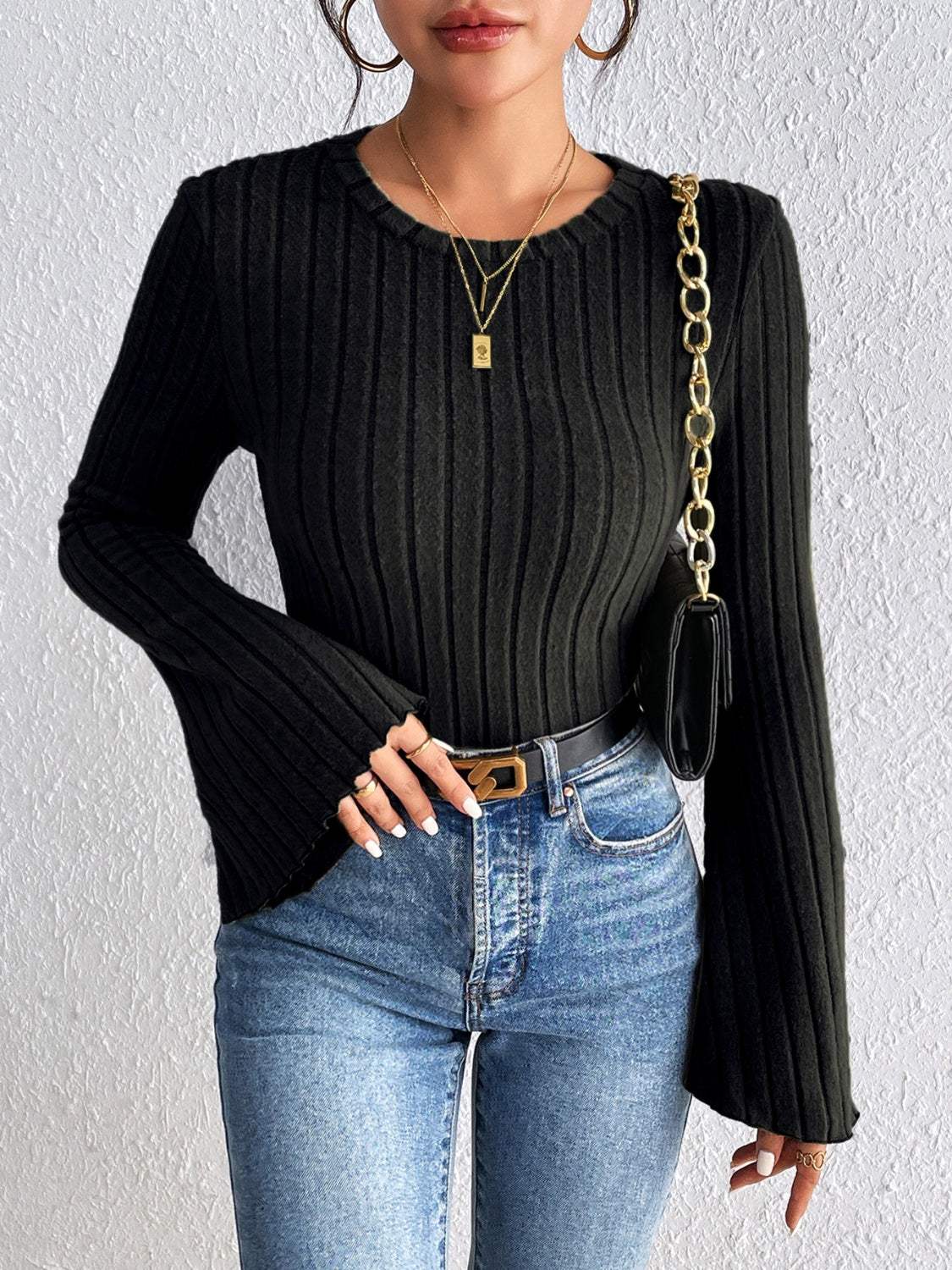 Round Neck Flare Sleeve T-Shirt - Trendsi - Flyclothing LLC