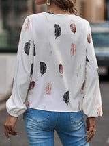 Feather Print Notched Balloon Sleeve Top - Trendsi - Flyclothing LLC
