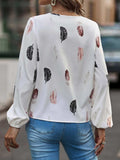 Feather Print Notched Balloon Sleeve Top - Trendsi - Flyclothing LLC