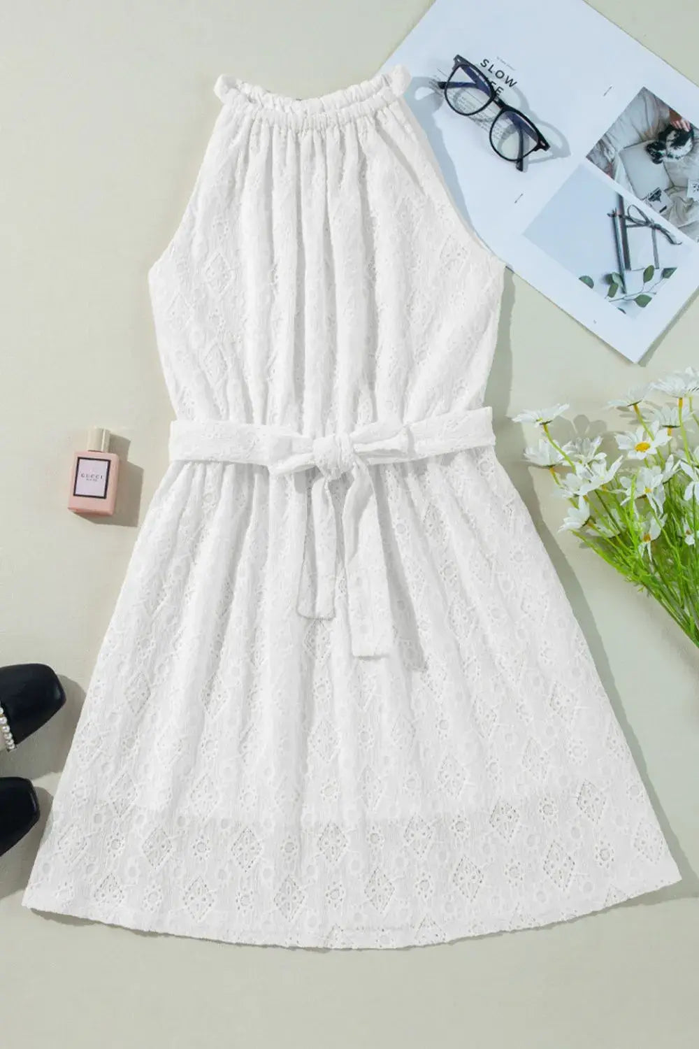 Lace Sleeveless Tied Waist Mini Dress - Trendsi - Flyclothing LLC