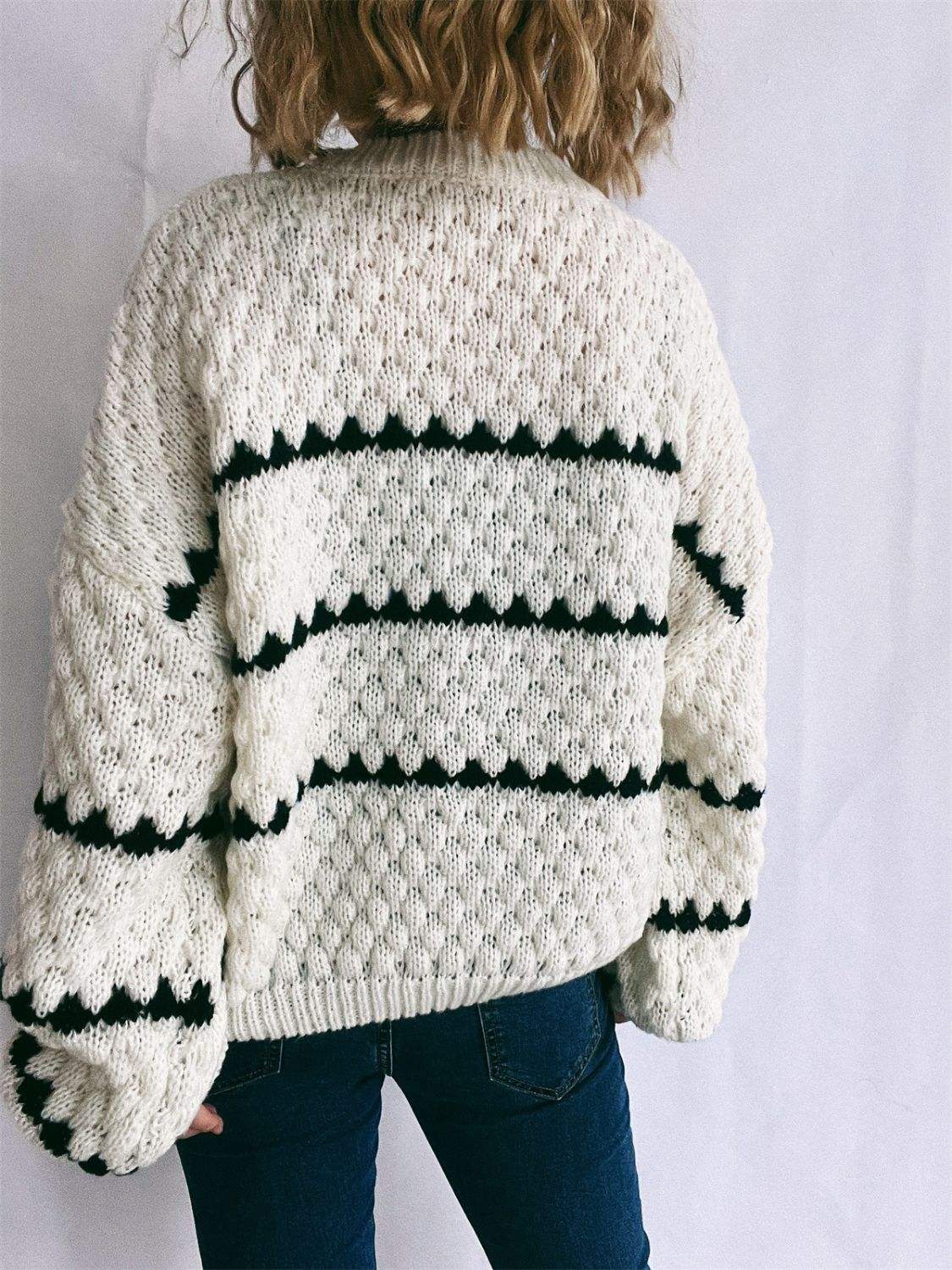 Contrast Stripes Round Neck Long Sleeve Sweater - Trendsi - Flyclothing LLC