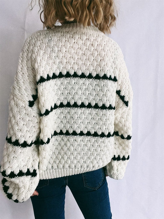 Contrast Stripes Round Neck Long Sleeve Sweater - Trendsi