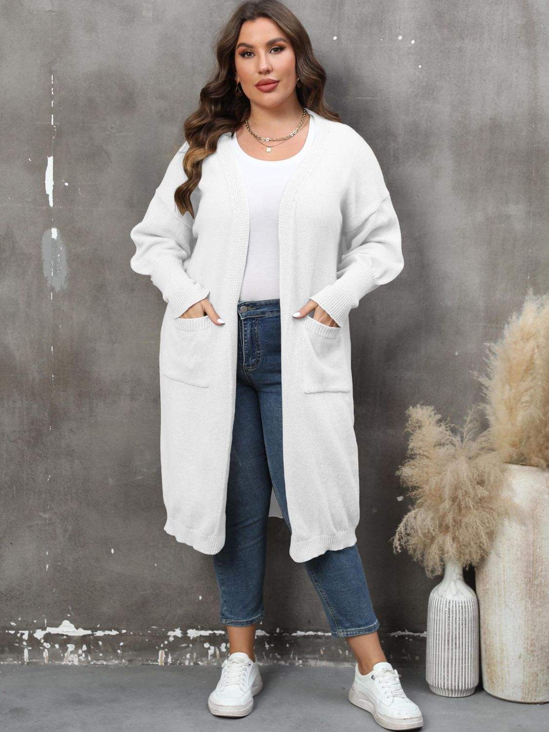 Plus Size Long Sleeve Pocketed Cardigan - Trendsi - Flyclothing LLC