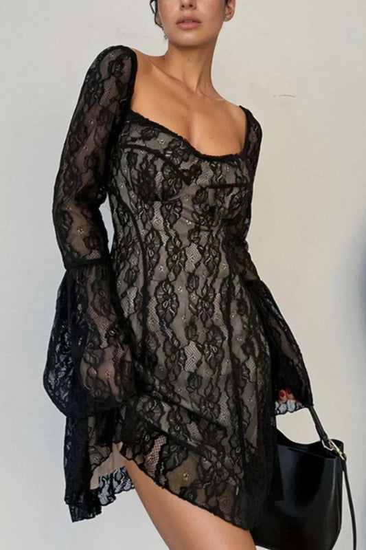 Lace Sweetheart Neck Flare Sleeve Mini Dress - Trendsi - Flyclothing LLC
