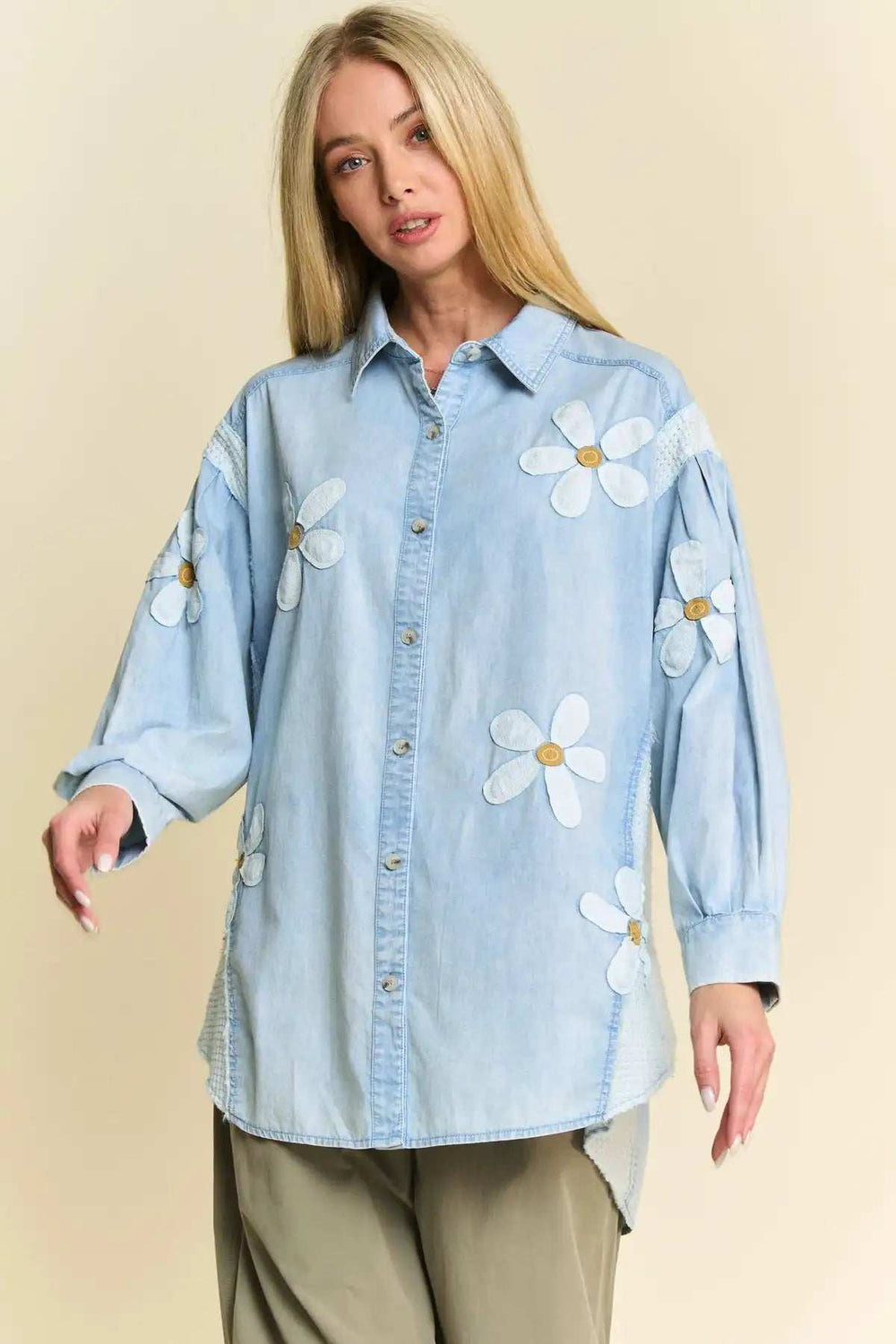 Davi & Dani Lightweight Washed Daisy Patch Waffle Knit Shirt - Trendsi - Flyclothing LLC