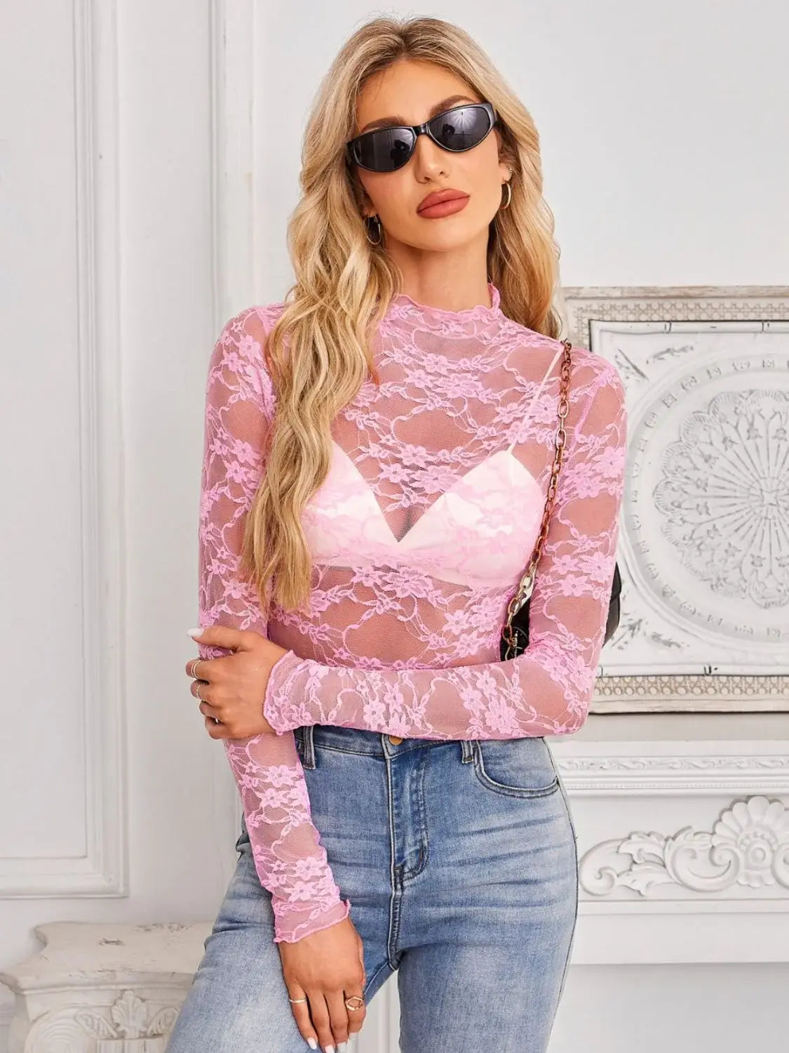 Mock Neck Long Sleeve Lace Sheer Top - Trendsi - Flyclothing LLC