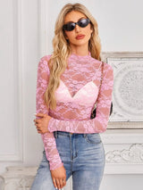 Mock Neck Long Sleeve Lace Sheer Top - Trendsi - Flyclothing LLC