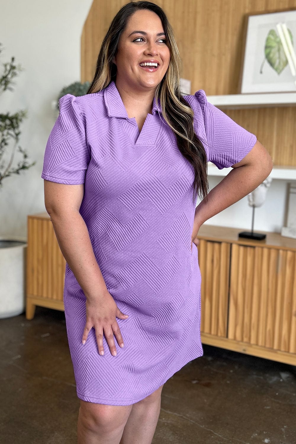 Double Take Full Size Texture Collared Neck Short Sleeve Dress - Trendsi