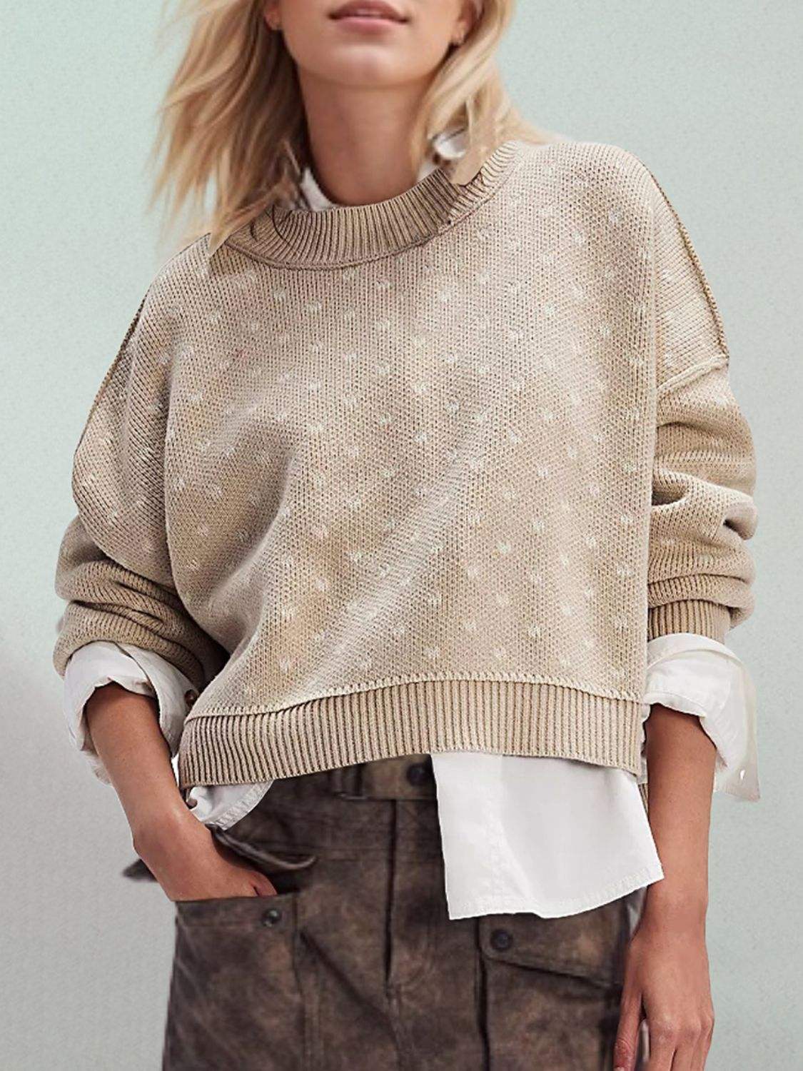 Slit Round Neck Long Sleeve Sweater - Trendsi - Flyclothing LLC