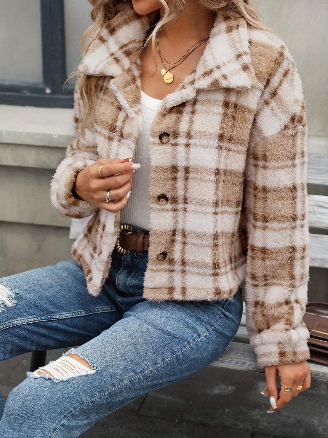 Plaid Button Up Collared Neck Long Sleeve Jacket - Trendsi - Flyclothing LLC