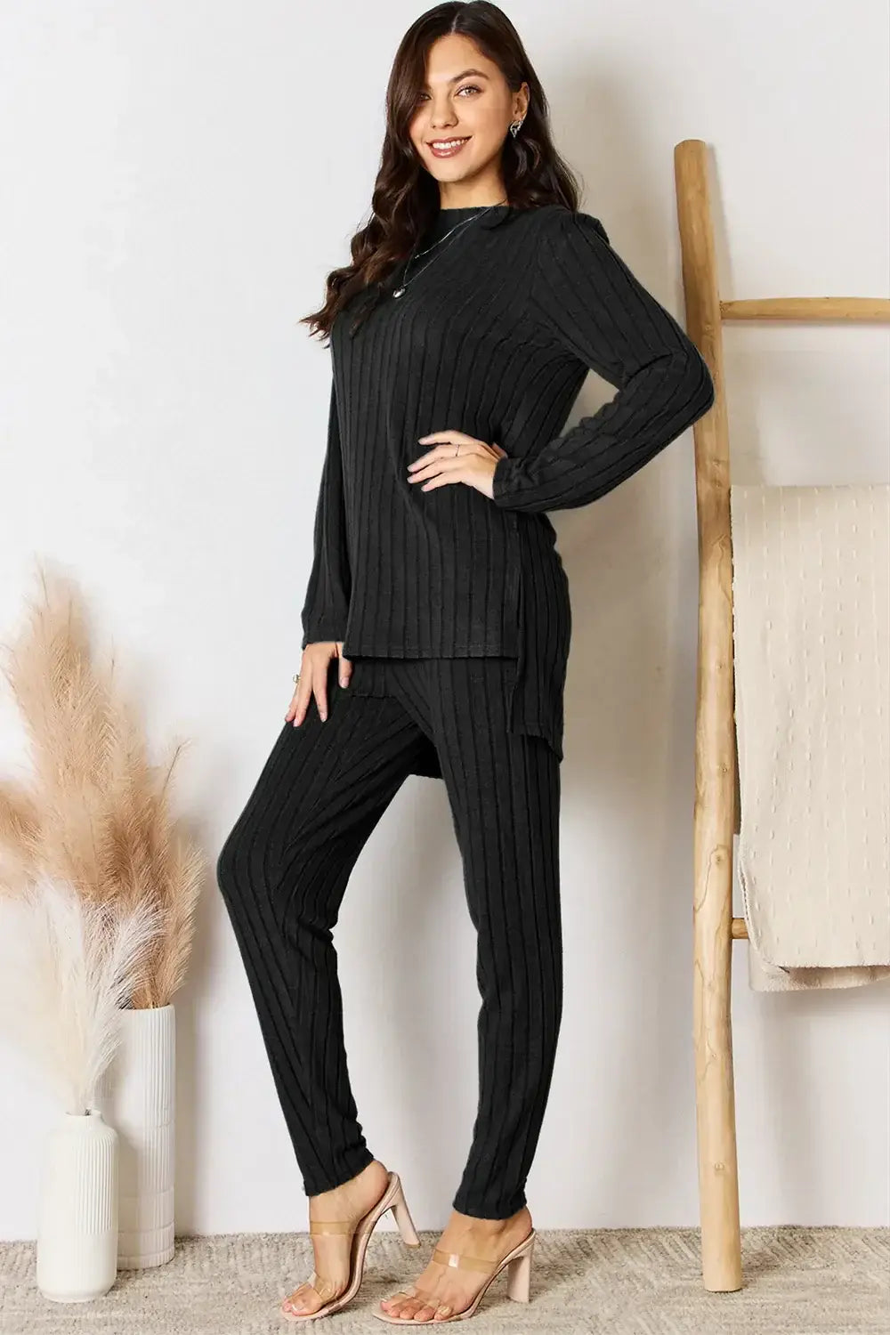 Basic Bae Full Size Ribbed Round Neck High-Low Slit Top and Pants Set - ShopBasicbae - Flyclothing LLC