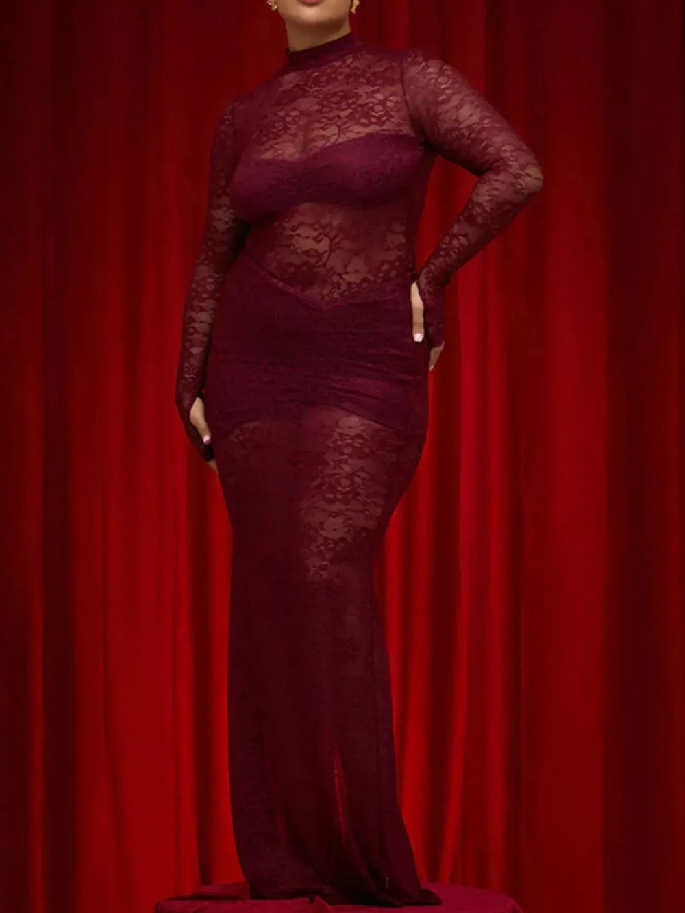 Lace Sheer Mock Neck Long Sleeve Maxi Dress - Trendsi - Flyclothing LLC