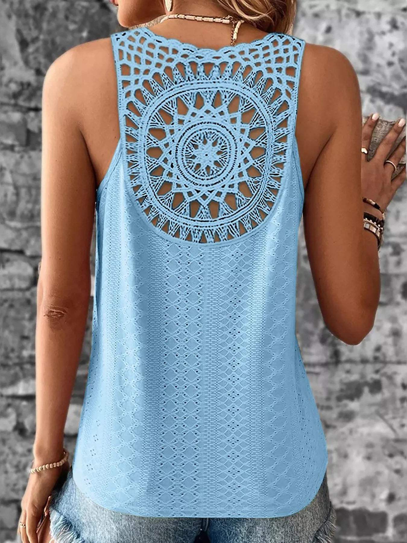 Eyelet Lace Trim V-Neck Tank Top - Trendsi - Flyclothing LLC
