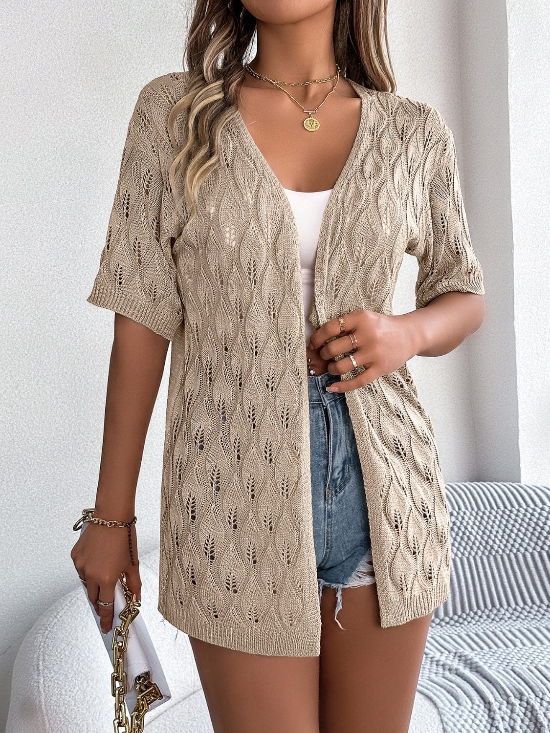 Openwork Open Front Short Sleeve Cardigan - Trendsi