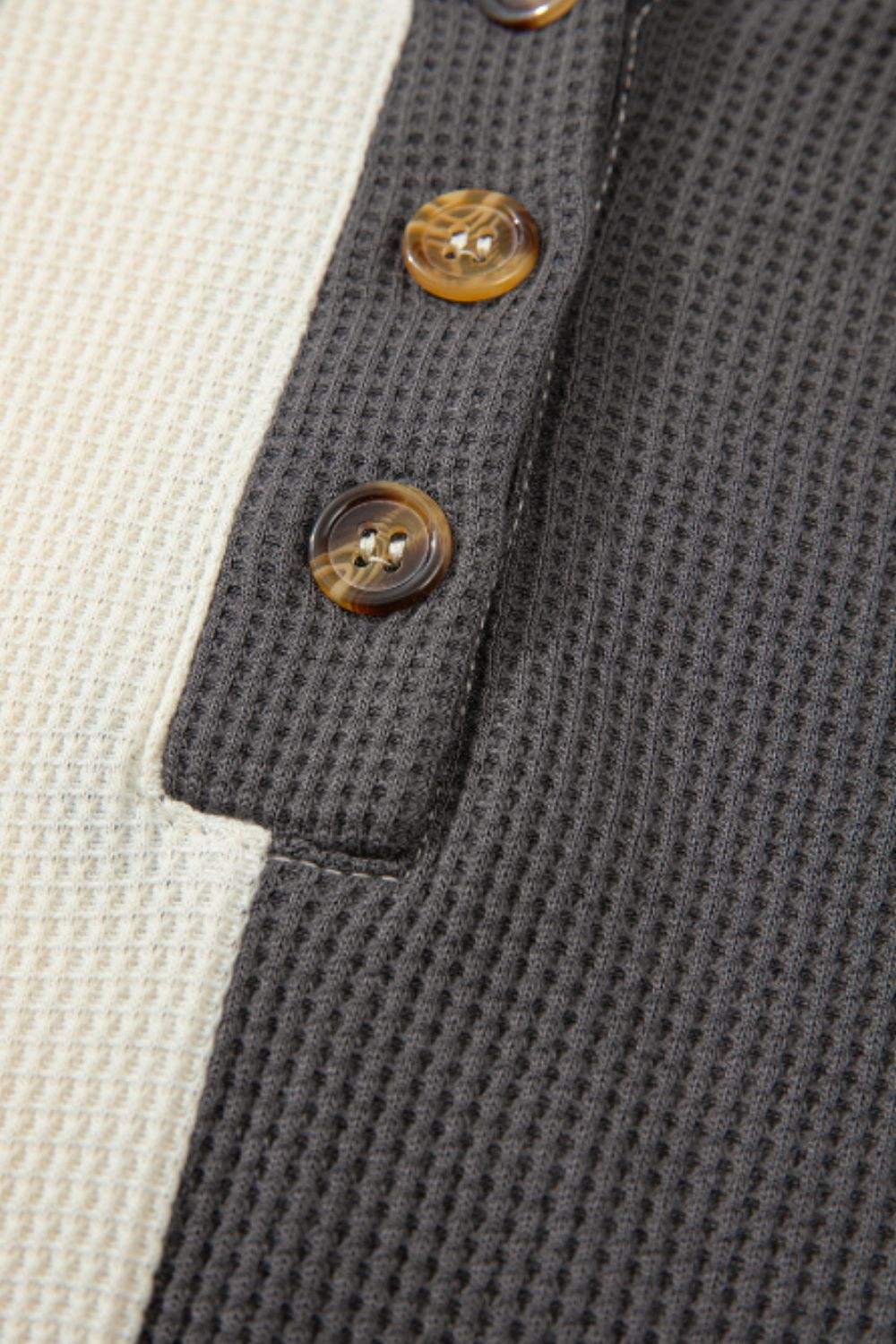 Waffle-Knit Two-Tone Long Sleeve Hoodie - Trendsi - Flyclothing LLC