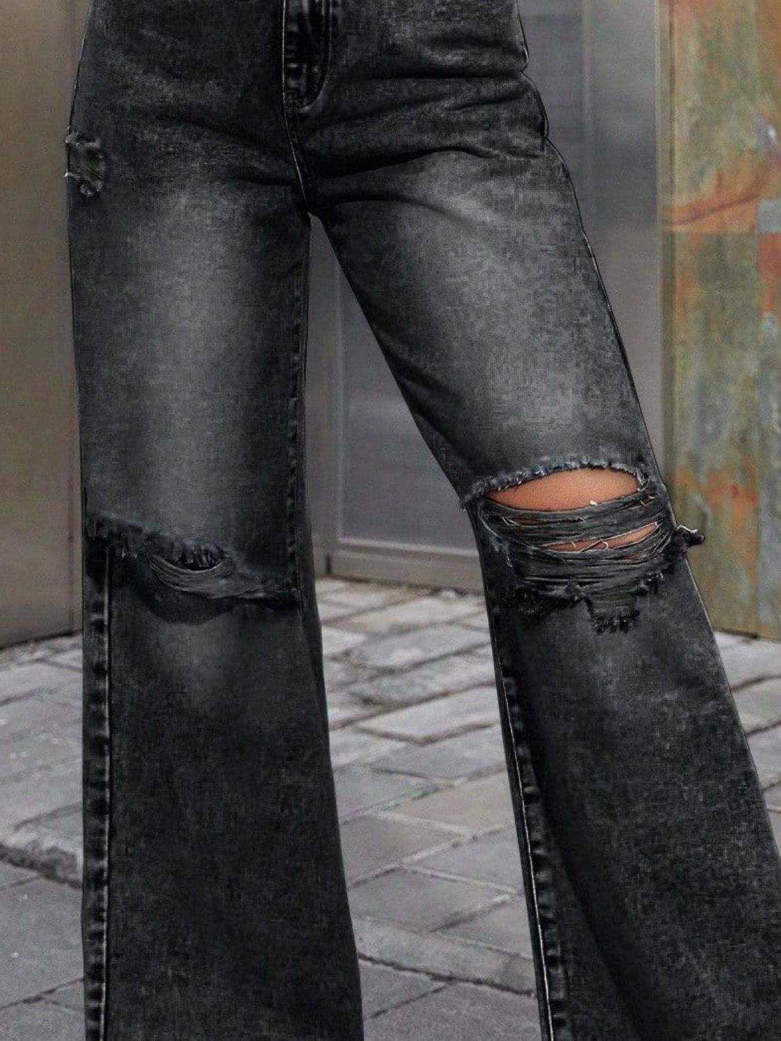 Distressed Wide Leg Jeans with Pockets - Trendsi - Flyclothing LLC