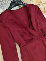 Surplice Satin Long Sleeve Dress - Trendsi - Flyclothing LLC