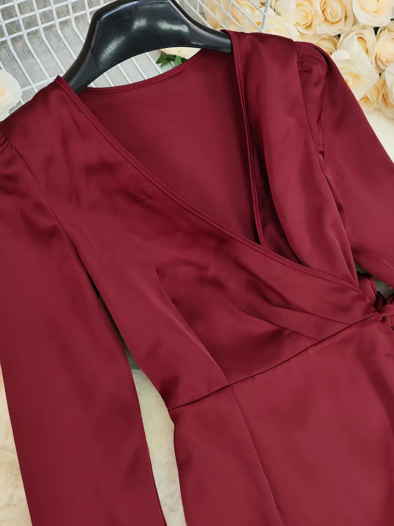 Surplice Satin Long Sleeve Dress - Trendsi - Flyclothing LLC