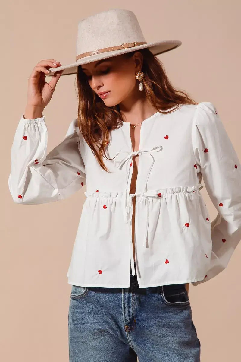 SO ME Front Tie Heart Embroidered Blouse With Puff Sleeve - Trendsi - Flyclothing LLC